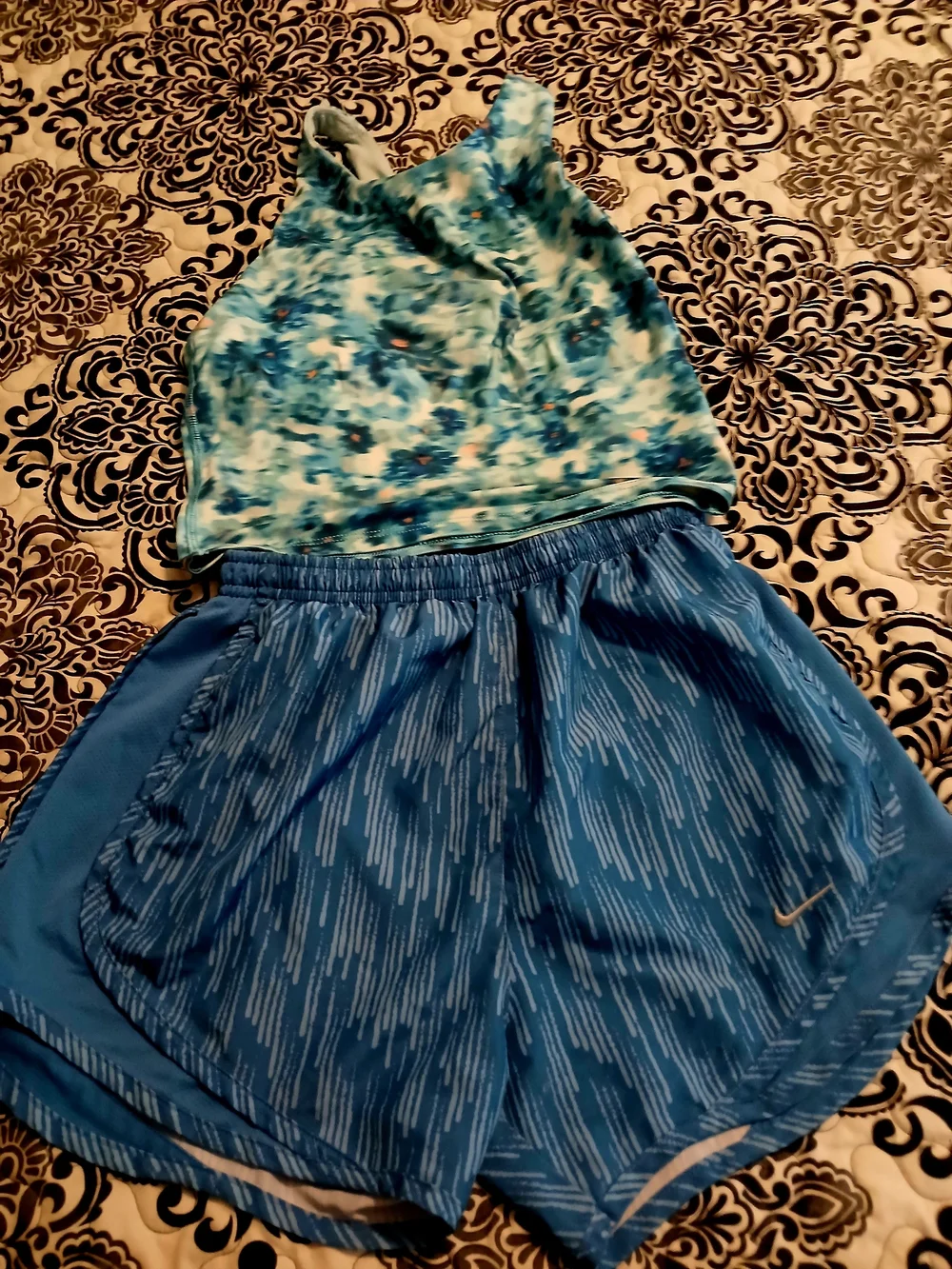 Athletic Blue Nike Running Shorts & Blue Patterned Tank Set